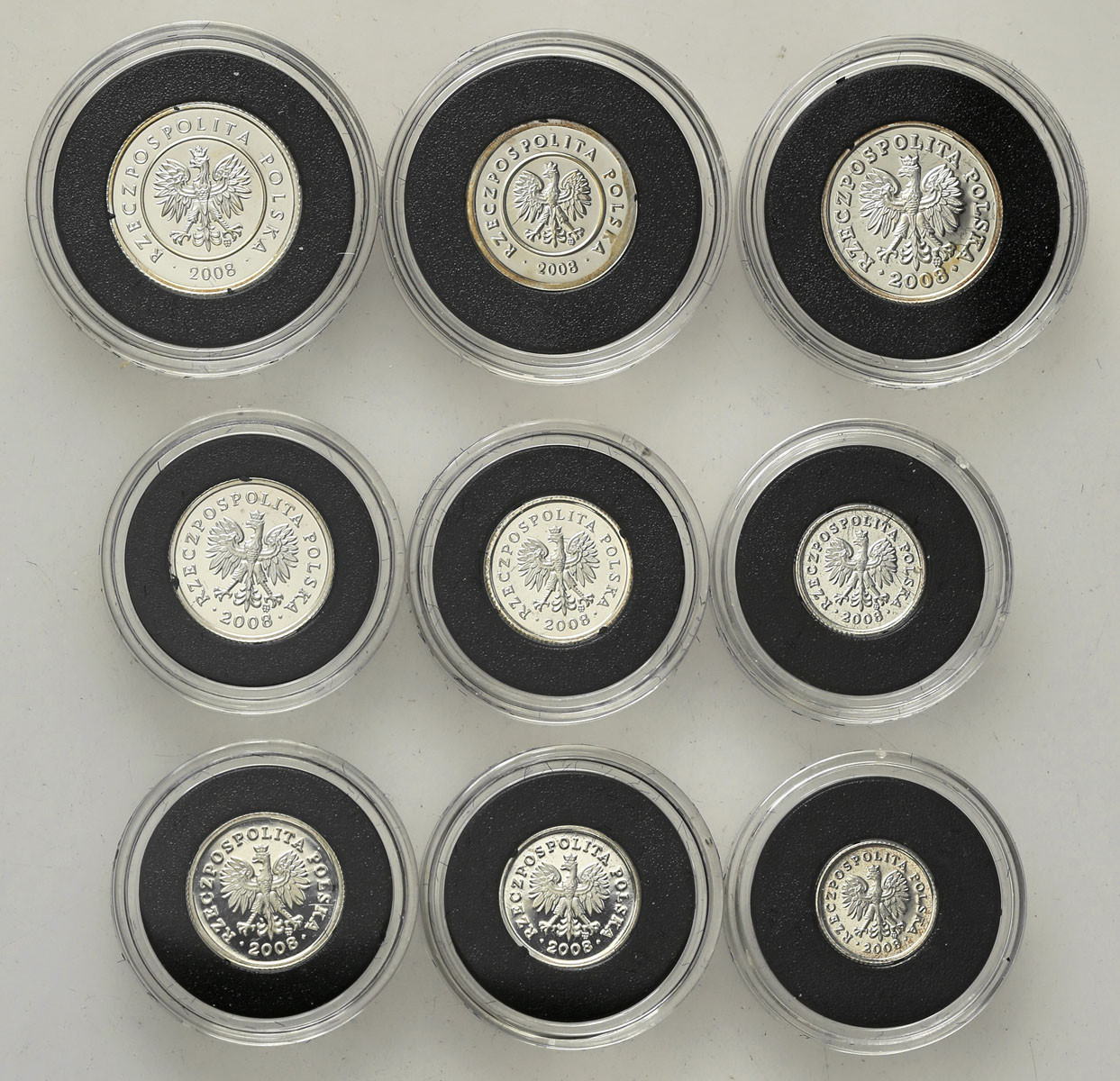 III RP. Miniatury polskich monet obiegowych 1 grosz do 5 złotych 2008, zestaw SREBRNY, 9sztuk